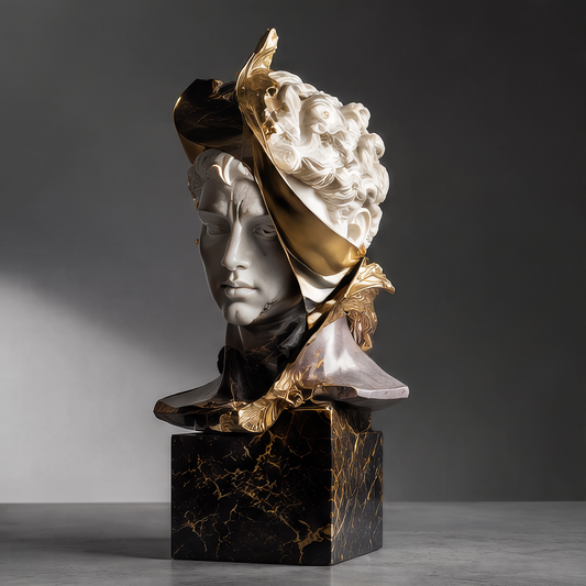 DINOVIR classical bust with gold-tone leaves on a black veined base, shown against a plain gray background