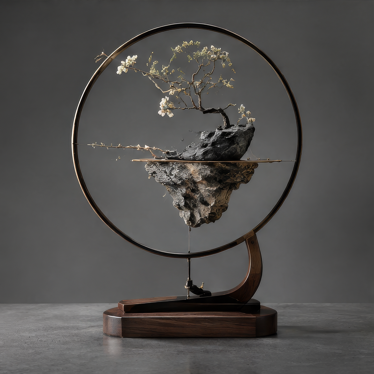 DINOVIR round-frame ornament with pale blossom tree and suspended-looking rocky landscape against a plain gray background