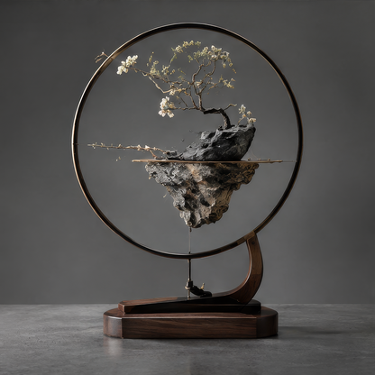 DINOVIR round-frame ornament with pale blossom tree and suspended-looking rocky landscape against a plain gray background