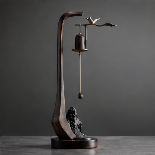 DINOVIR tall curved ornament with gold-tone perched bird, hanging bell and long pendant against a plain gray background
