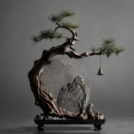 DINOVIR decorative pine landscape with mountain forms, circular backdrop and hanging gold-tone bell against a plain gray background