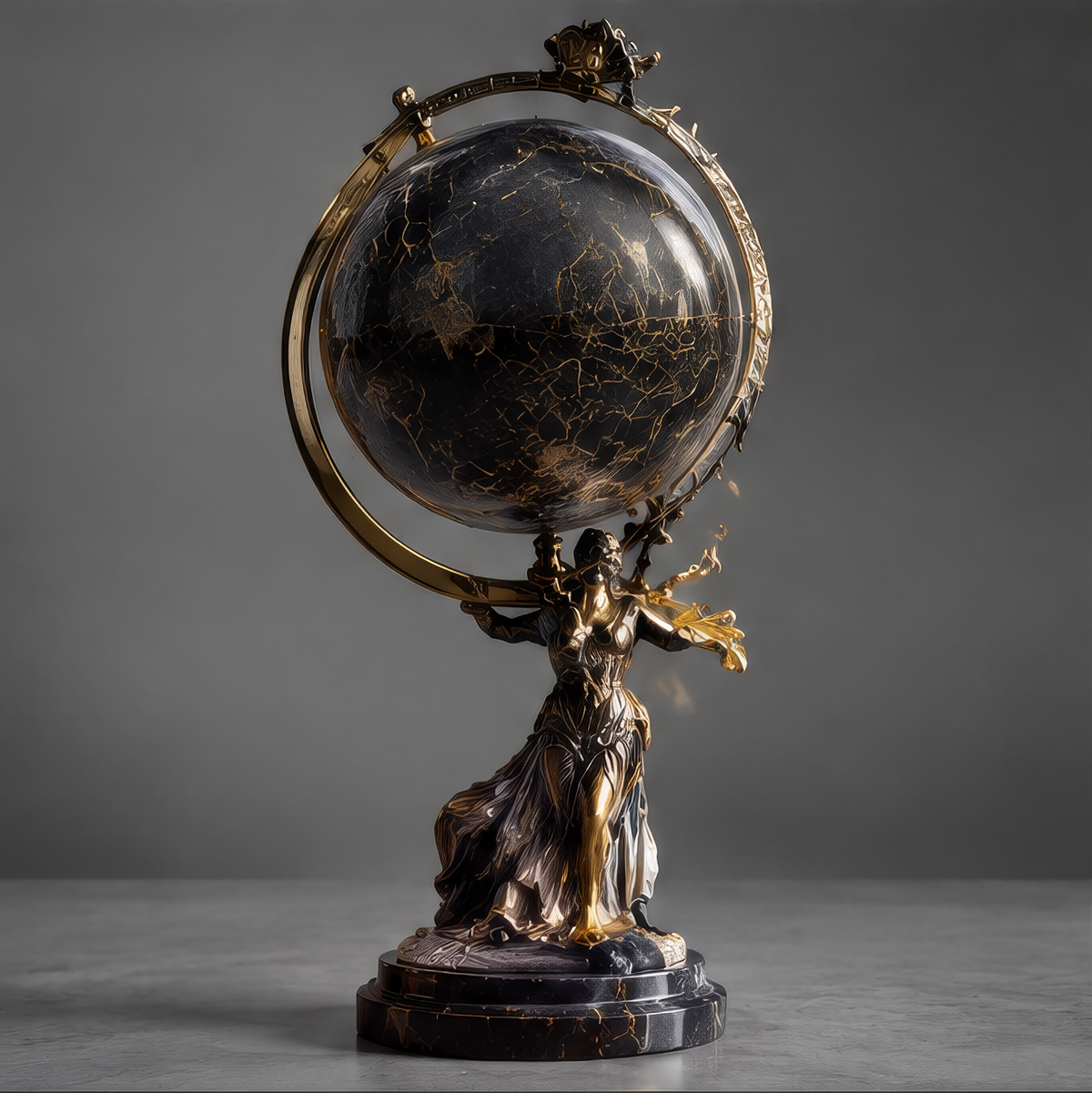 DINOVIR black decorative globe with gold-tone ring and classical female figure against a plain gray background