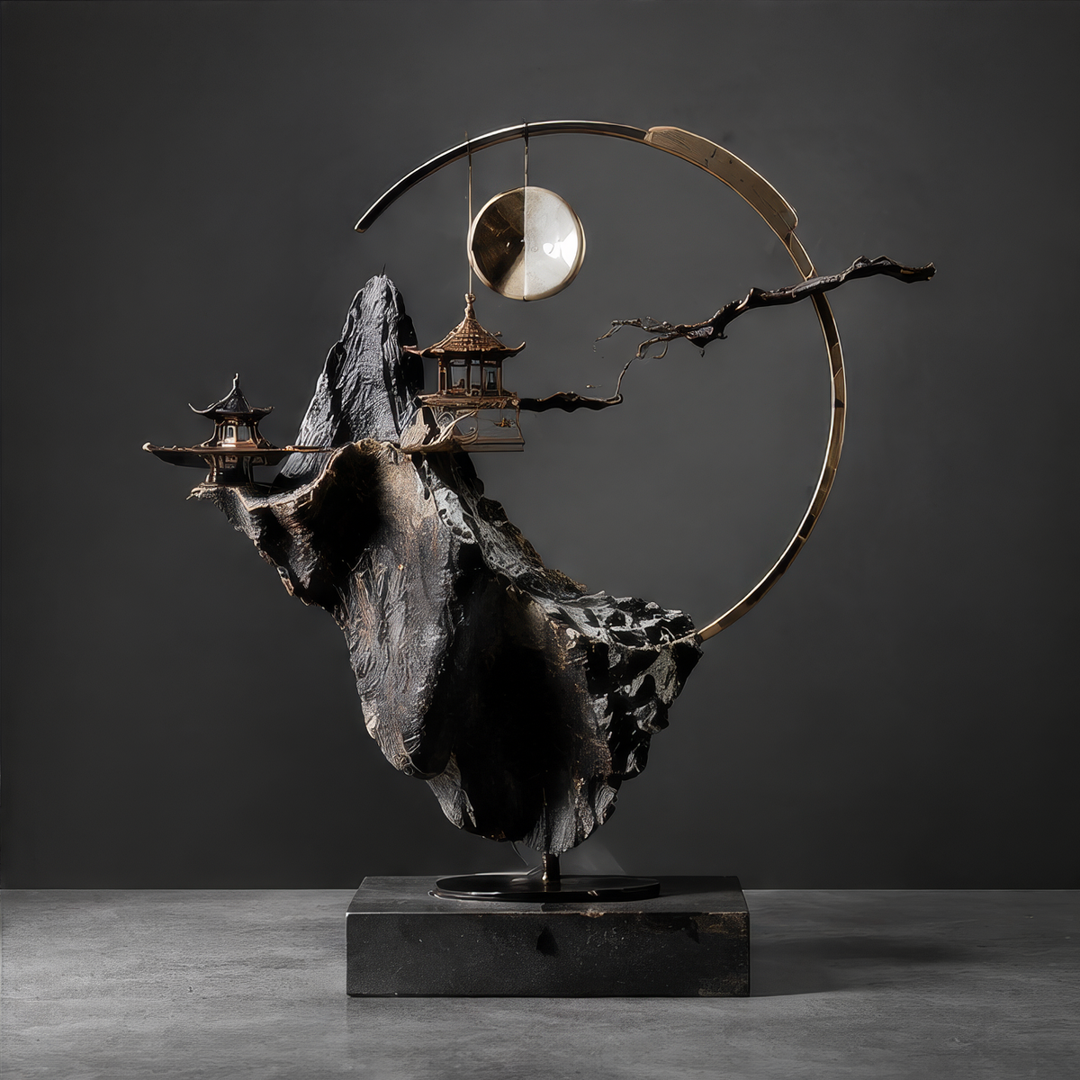 DINOVIR dark mountain landscape sculpture with twin pavilions, suspended gold-tone disc and open arc against a plain gray background