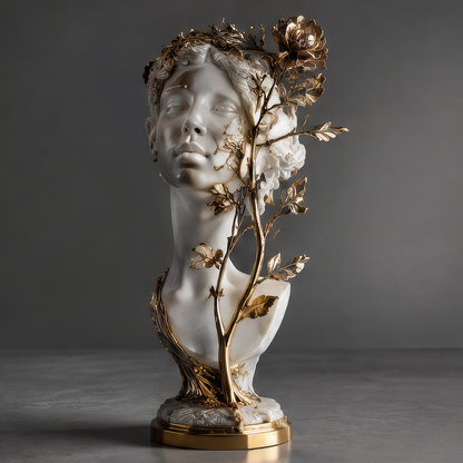 DINOVIR ivory-toned female bust with gold-tone flowers and leafy branches against a plain gray background