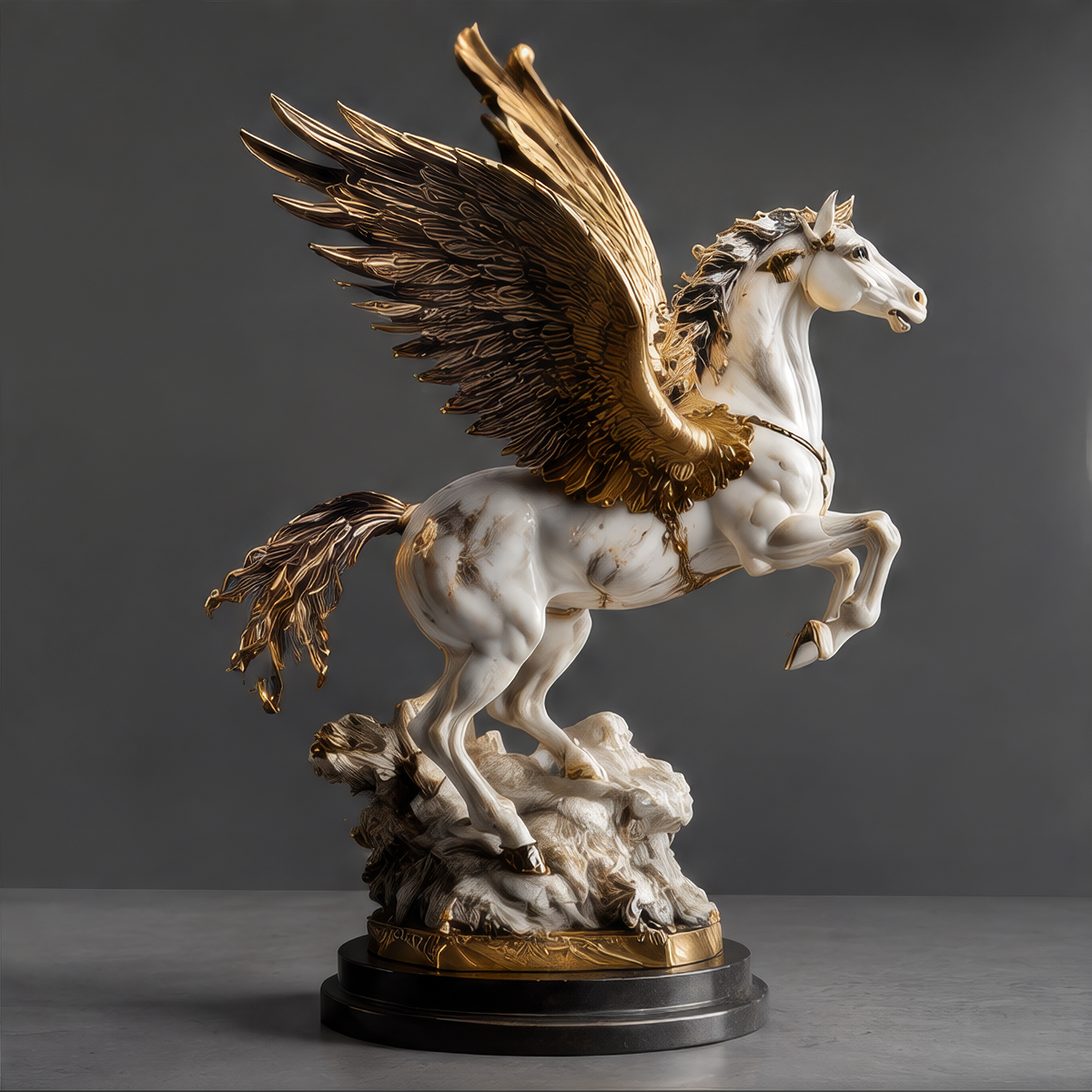 DINOVIR rearing Pegasus sculpture with gold-tone feathered wings and ivory marble-effect body against a plain gray background