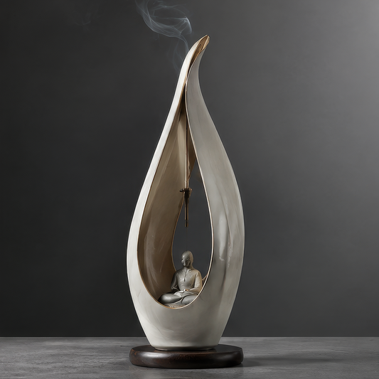 DINOVIR pale teardrop-shaped ornament with gold-tone inner edge and seated figure on a dark circular base against a plain gray background