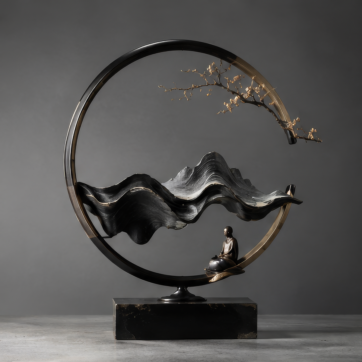DINOVIR circular Zen mountain sculpture with seated monk and gold-tone blossom branch on a rectangular base against a plain gray background