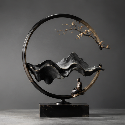 DINOVIR circular Zen mountain sculpture with seated monk and gold-tone blossom branch on a rectangular base against a plain gray background