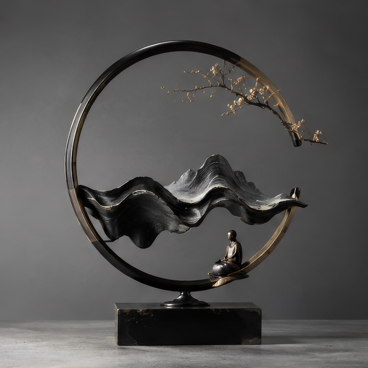DINOVIR circular Zen mountain sculpture with seated monk and gold-tone blossom branch on a rectangular base against a plain gray background