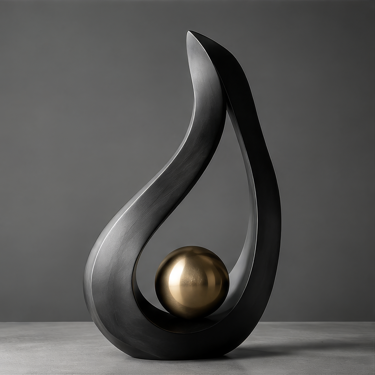 DINOVIR black teardrop-shaped frame with a reflective gold-tone sphere nestled in its lower curve against a plain gray background