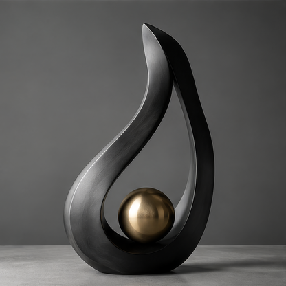 DINOVIR black teardrop-shaped frame with a reflective gold-tone sphere nestled in its lower curve against a plain gray background