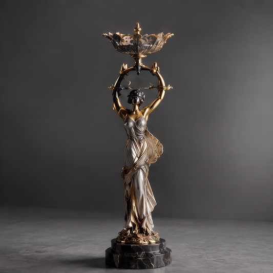 DINOVIR classical female figure with raised arms beneath a floral-shaped decorative bowl against a plain gray background