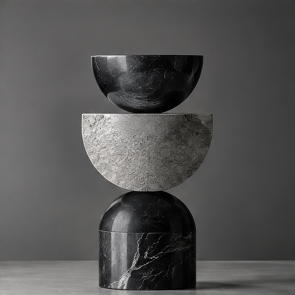 DINOVIR stacked black marble-effect rounded forms and textured gray half-circle sculpture against a plain gray background