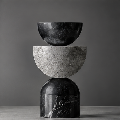 DINOVIR stacked black marble-effect rounded forms and textured gray half-circle sculpture against a plain gray background