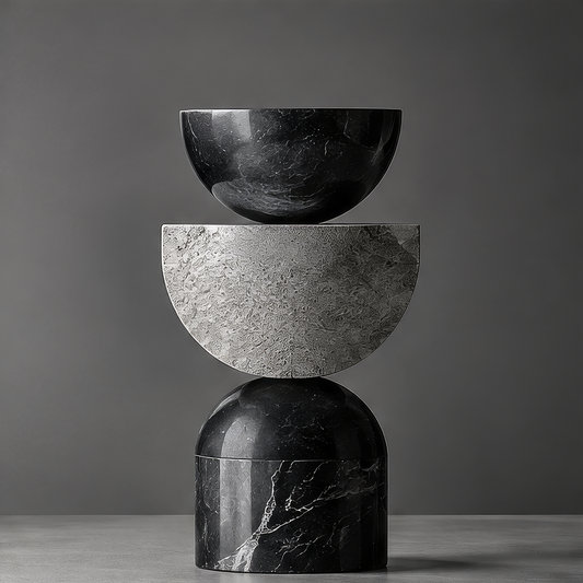 DINOVIR stacked black marble-effect rounded forms and textured gray half-circle sculpture against a plain gray background