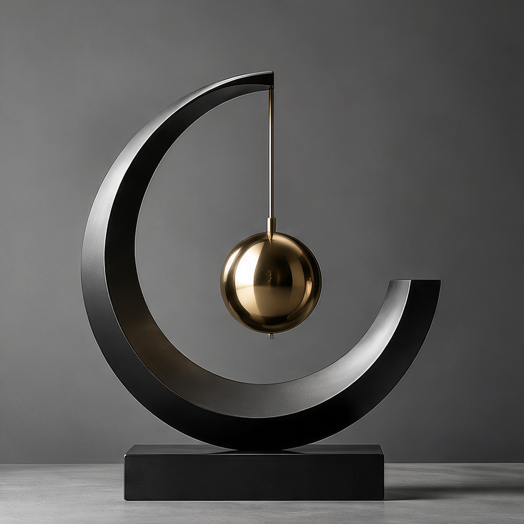 DINOVIR black crescent frame with suspended reflective gold-tone sphere on a rectangular base against a plain gray background