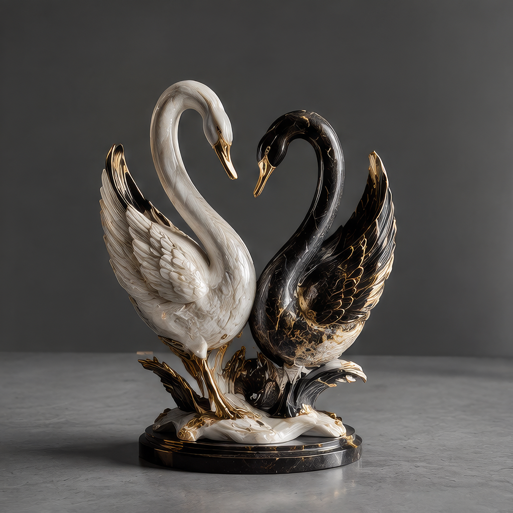 DINOVIR black and ivory-white twin swan sculpture with gold-tone accents on a tiered base against a plain gray background